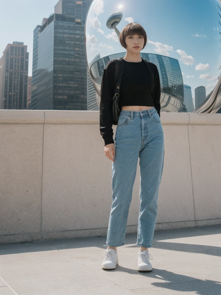 her name is Asako, high quality, 1girl, ((20-year-old fit Caucasian woman)), ((20 years old)), ((slim)), ((Edgy Bowl Cut hair)), pose: standing, wearing edgy Generation-Z modern wear bright colored, BACKGROUND:At the Millennium Park, with the iconic Cloud Gate (The Bean) sculpture and the city skyline in the background
