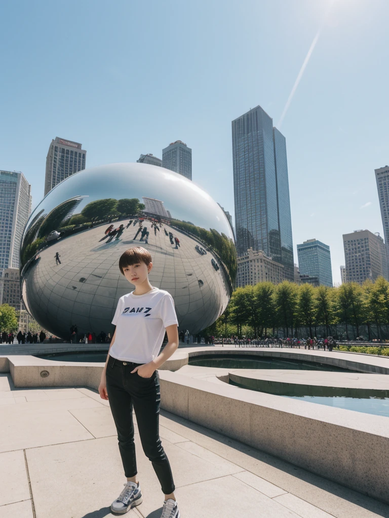 her name is Asako, high quality, 1girl, ((20-year-old fit Caucasian woman)), ((20 years old)), ((slim)), ((Edgy Bowl Cut hair)), pose: standing, wearing edgy Generation-Z modern wear bright colored, BACKGROUND:At the Millennium Park, with the iconic Cloud Gate (The Bean) sculpture and the city skyline in the background