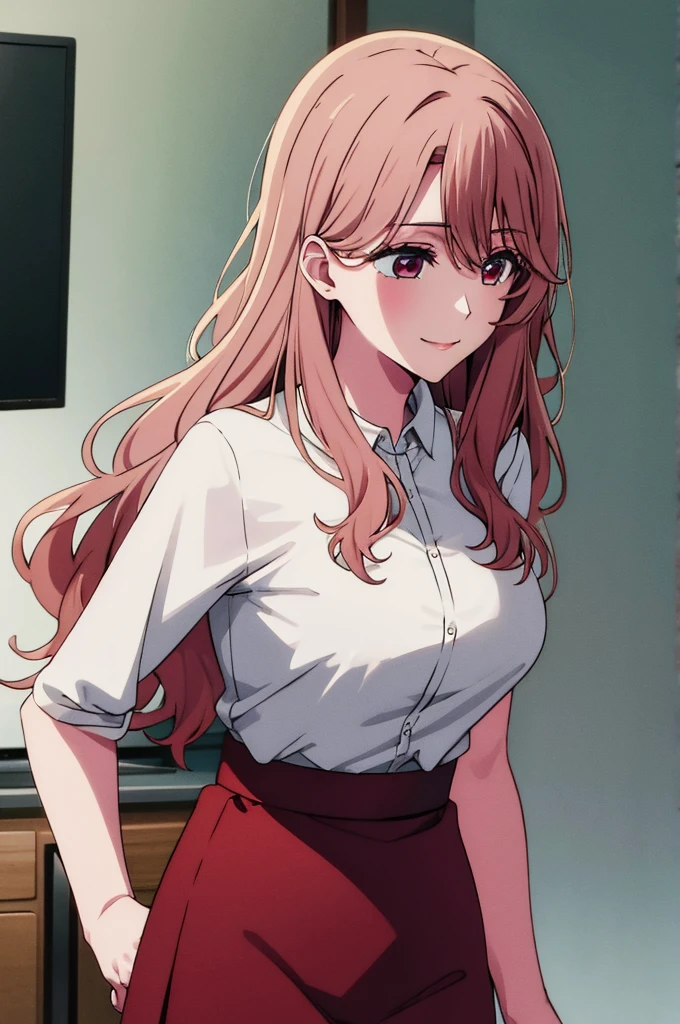 (masterpiece:1.3), (best quality:1.1), (8k, ultra detailed, ultra high res:1.2), ((anime style)), (perfect 5 fingers:1.1), perfect anatomy, 
1girl,
Miyako Saitou, 
BREAK long hair, wavy hair, 
BREAK strawberry blonde hair, 
red eyes, empty eyes, smile, blouse, skirt, 
BREAK (large breasts:0.9),  
BREAK upper body, standing, 
indoors, inside, 