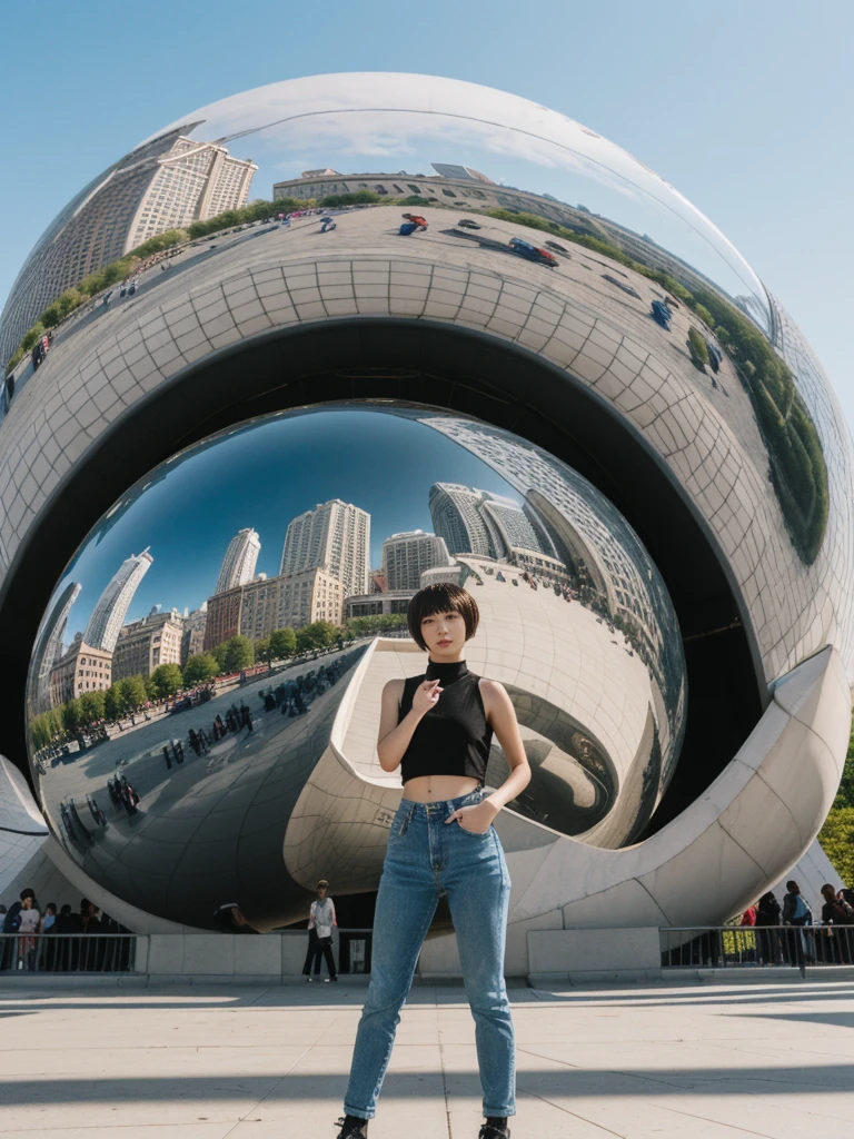 her name is Asako, high quality, 1girl, ((20-year-old fit Caucasian woman)), ((20 years old)), ((slim)), ((Edgy Bowl Cut hair)), pose: standing, wearing edgy Generation-Z modern wear bright colored, BACKGROUND:At the Millennium Park, with the iconic Cloud Gate (The Bean) sculpture and the city skyline in the background