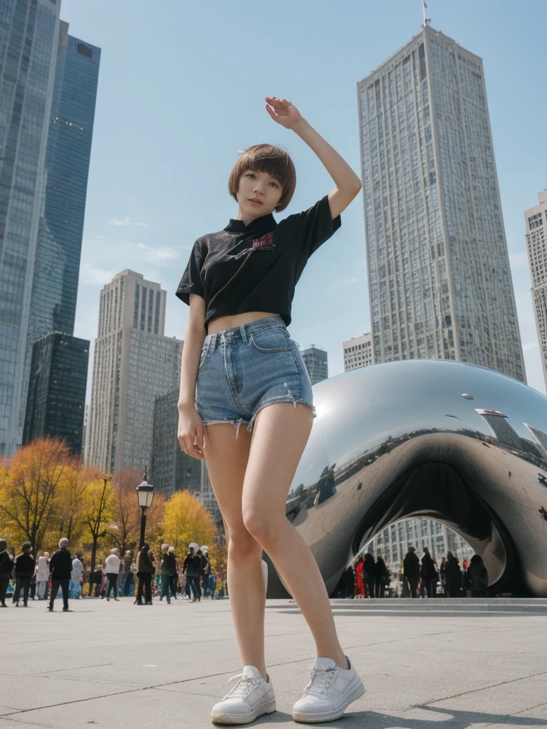her name is Asako, high quality, 1girl, ((20-year-old fit Caucasian woman)), ((20 years old)), ((slim)), ((Edgy Bowl Cut hair)), pose: standing, wearing edgy Generation-Z modern wear bright colored, BACKGROUND:At the Millennium Park, with the iconic Cloud Gate (The Bean) sculpture and the city skyline in the background