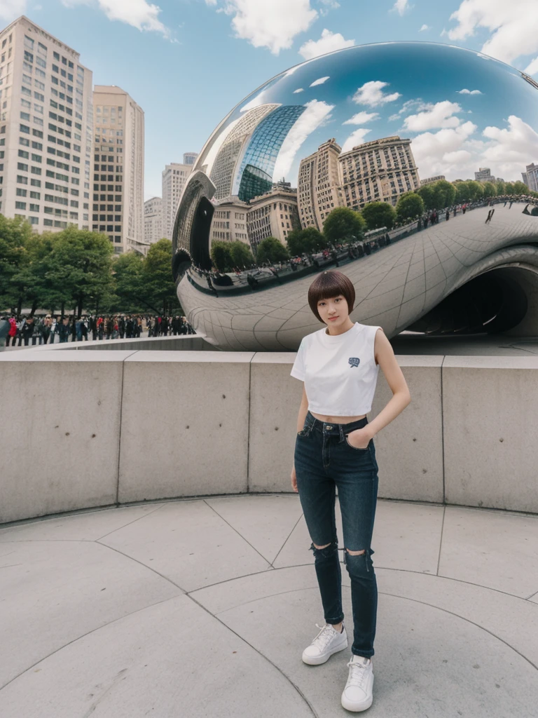 her name is Asako, high quality, 1girl, ((20-year-old fit Caucasian woman)), ((20 years old)), ((slim)), ((Edgy Bowl Cut hair)), pose: standing, wearing edgy Generation-Z modern wear bright colored, BACKGROUND:At the Millennium Park, with the iconic Cloud Gate (The Bean) sculpture and the city skyline in the background