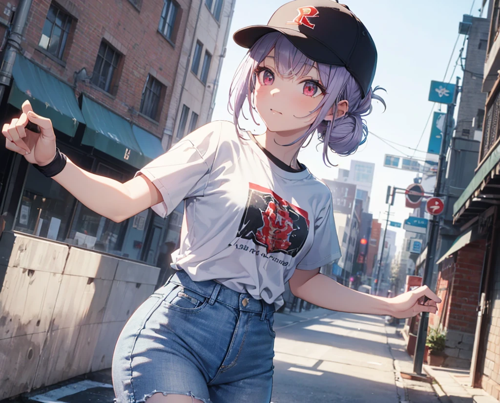 (Close-up:1.3),Realistic,Highest quality, Super detailed, High-quality CG rendering, The most delicate and beautiful, Floating softly, High resolution, (1 girl), (Highest quality,4K,8K,masterpiece:1.2), Light purple hair,(Hair in a bun:1.5),Red eyes,(Pure white oversized short sleeve T-shirt:1.3),(Black skinny jeans:1.3),(Pure white baseball cap:1.3),In the city,old buildings,