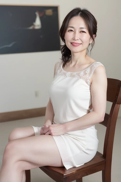 8K, Mature elegant Japanese woman, 55 years old, Married women, Delicate features, Long eyelashes, Sparkling eyes, Low Ponytail, Red lipstick, Rosy Cheeks, eye shadow, Attractive lips, 完全にnaked, naked, Sit on a chair, Crossing your legs, photo shoot, (Highest quality,8K,High resolution,masterpiece:1.2),