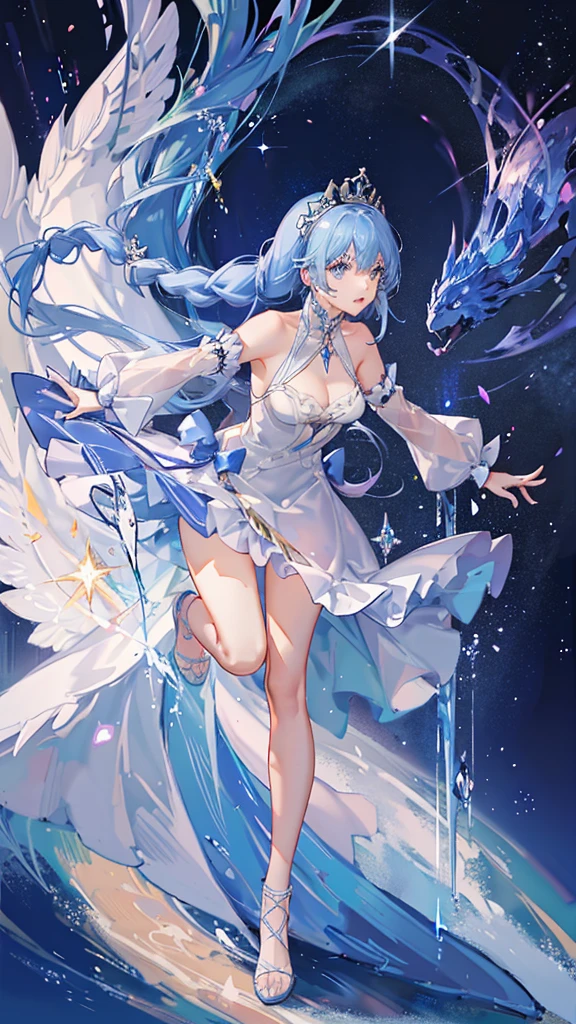A girl with long straight braided blue hair, wearing a palace dress, blue eyes, is running, surrounded by sparkling crystals, the colors are shimmering and magical, the whole scene seen from afar.