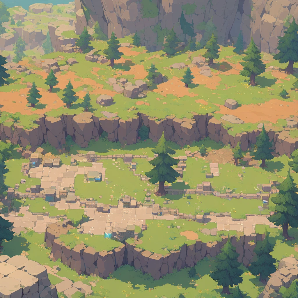 retro video game style,pixelated, vibrant pastel colors,8-bit characters,blocky shapes,sharp lines,detailed shading,classic gaming vibe,nostalgic atmosphere,classic arcade games,masterpiece:1.2,ultra-detailed,illustration style, 2d texture, stone texture, 4 k seamless mud texture, video game texture, dirt texture, tileset, game tiles, grass, 3/4th perspective trees, 3/4th perspective tileable rock texture, 3/4th perspective tileable cliff formations, tileable trees, topdown view, game texture, game art, tileable texture, very detailed cliff texture, intricate stones, top down view, 3/4th perspective