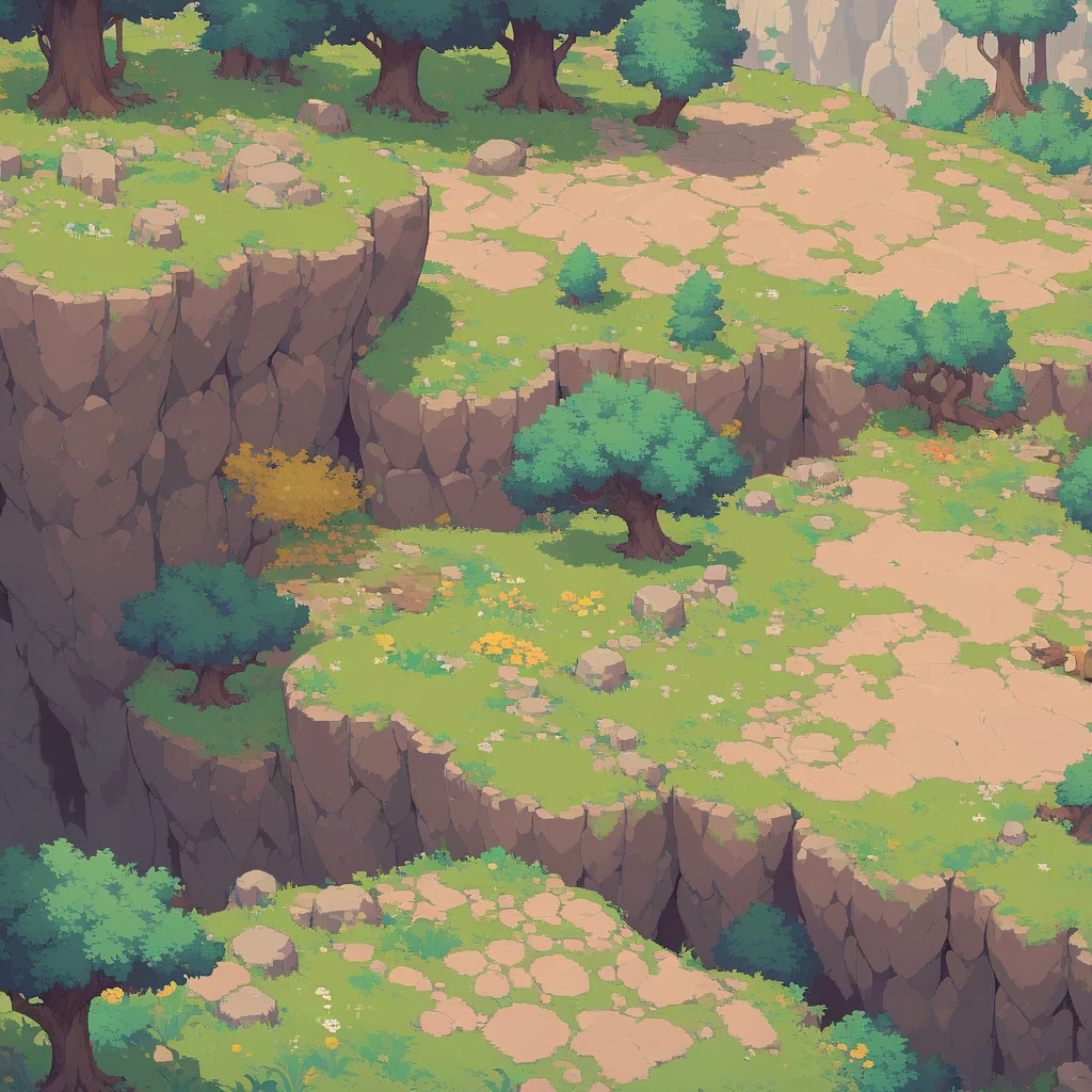retro video game style,pixelated, vibrant pastel colors,8-bit characters,blocky shapes,sharp lines,detailed shading,classic gaming vibe,nostalgic atmosphere,classic arcade games,masterpiece:1.2,ultra-detailed,illustration style, 2d texture, stone texture, 4 k seamless mud texture, video game texture, dirt texture, tileset, game tiles, grass, 3/4th perspective trees, 3/4th perspective tileable rock texture, 3/4th perspective tileable cliff formations, tileable trees, topdown view, game texture, game art, tileable texture, very detailed cliff texture, intricate stones, top down view, 3/4th perspective