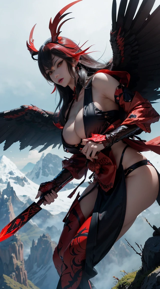 Design a powerful and intimidating image of Tengu, a humanoid yokai with a red face, long nose, and wings on its back. It should be depicted in a mountainous or forest setting, with a sense of dominance and mystique. The Tengu should have a fierce expression, emphasizing its strength and supernatural abilities.