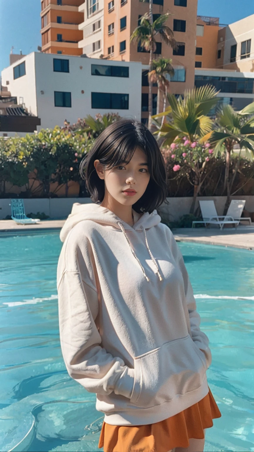 long shot portrait of cute 23 yo girl, (natural big breast) ,wear ((orange color oversized hoodie)), wear ((purple tennis skirt)),looking front,Best Quality,Masterpiece,Ultra High Resolution,(Realisticity:1.4),Original Photo, 1Girl, light leak,ultra high resolution,UHD,beautiful, (black bob hair), almond eye, no makeup, in front of (80's mondrian architecture motel), (realistic:1.2), (surreal:1.3), (very detailed:1.1), ((masterpiece)),summer, blue sky, palm trees,sunny, los angles vibes,film camera, 800mm lens,style of Philip Lorca diCorcia