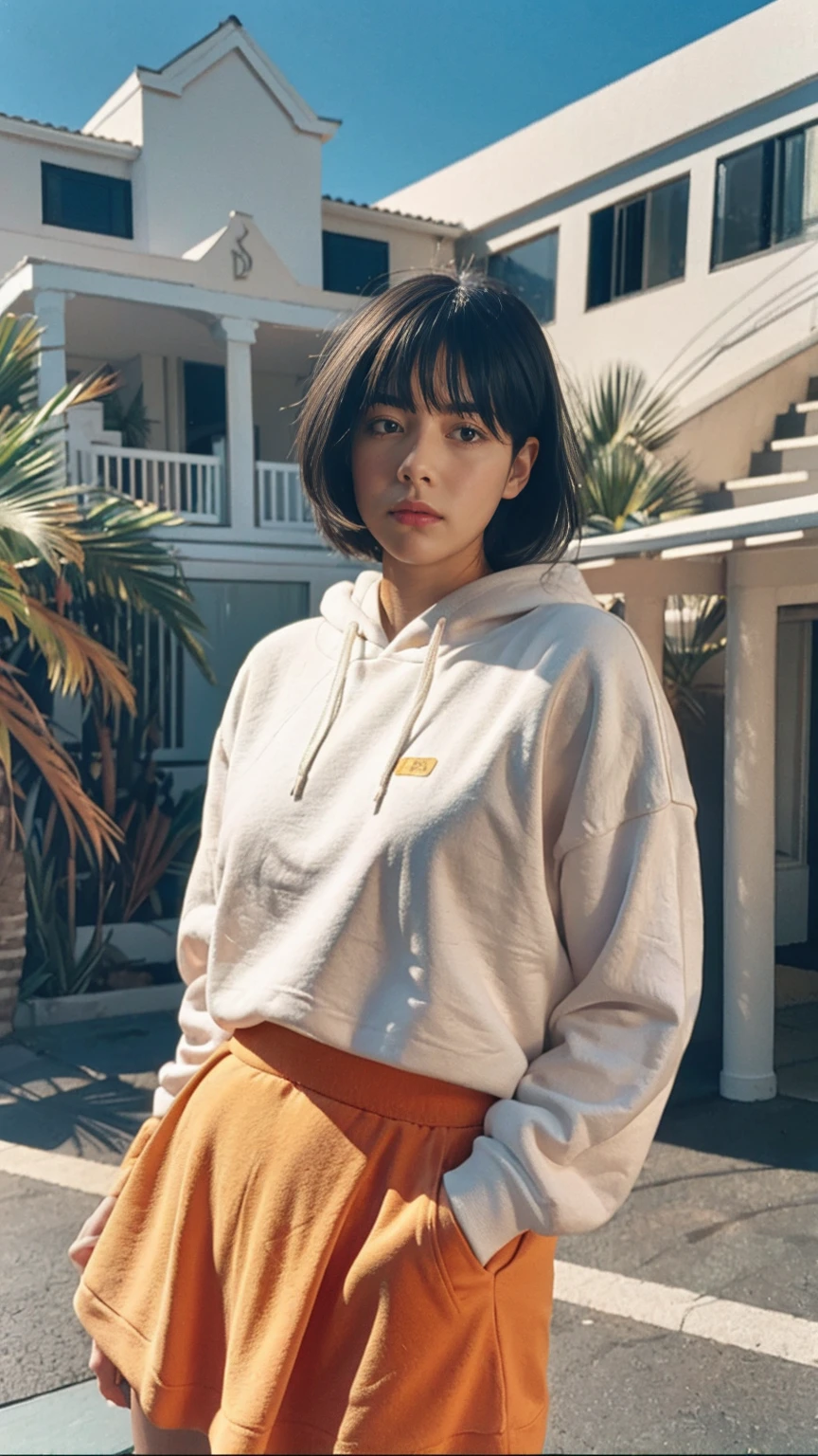 long shot portrait of cute 23 yo girl, (natural big breast) ,wear ((orange color oversized hoodie)), wear ((purple tennis skirt)),looking front,Best Quality,Masterpiece,Ultra High Resolution,(Realisticity:1.4),Original Photo, 1Girl, light leak,ultra high resolution,UHD,beautiful, (black bob hair), almond eye, no makeup, in front of (80's mondrian architecture motel), (realistic:1.2), (surreal:1.3), (very detailed:1.1), ((masterpiece)),summer, blue sky, palm trees,sunny, los angles vibes,film camera, 800mm lens,style of Philip Lorca diCorcia