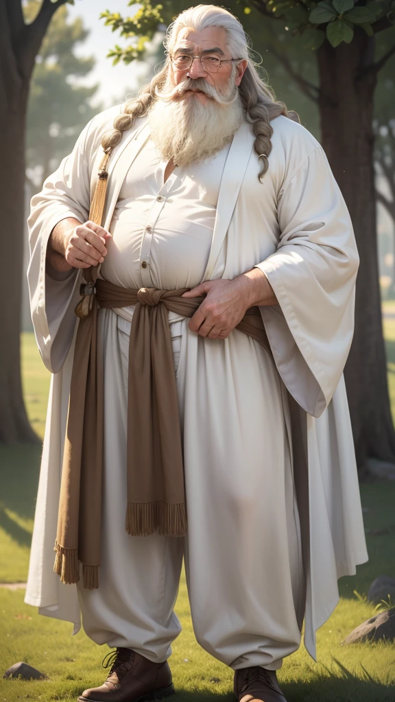 Gandalf, (pose:Full Body Shot), (posing:Full Body Shot), (soft shading), (((4k, hi res, Ray tracing))), ((((extreme detailed sweat drops, glistening, glistening body))), (((five fingers, detailed hands))), ((detailed face, (detailed eyes:1.0), detailed)), by zackarry911, by zaush, (by personalami:0.5), looking at viewer, (((happy,wise eyes))), (((old and wise))), 1boy, standing,(((standing,ashamed))),((( Mustache,beard))),(((dad bod))) ,male focus, white hair, (((handsome, sage))), nature, // ((human)),(((white Robe,white shirt, longpant, brown boot))),((Human, looking at viewer)),((grassy field background, lens blur, lens flare)),