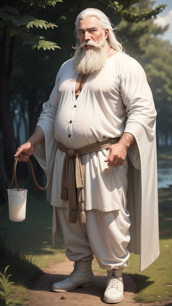 Gandalf, (pose:Full Body Shot), (posing:Full Body Shot), (soft shading), (((4k, hi res, Ray tracing))), ((((extreme detailed sweat drops, glistening, glistening body))), (((five fingers, detailed hands))), ((detailed face, (detailed eyes:1.0), detailed)), by zackarry911, by zaush, (by personalami:0.5), looking at viewer, (((happy,wise eyes))), (((old and wise))), 1boy, standing,(((standing,ashamed))),((( Mustache,beard))),(((dad bod))) ,male focus, white hair, (((handsome, sage))), nature, // ((human)),(((white Robe,white shirt, longpant, brown boot))),((Human, looking at viewer)),((grassy field background, lens blur, lens flare)),