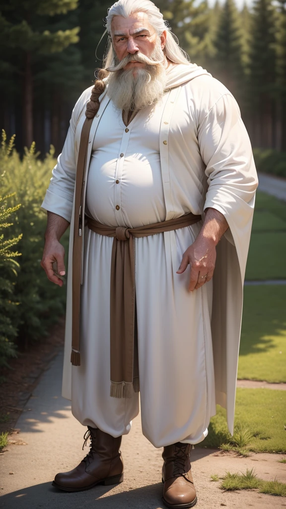 Gandalf, (pose:Full Body Shot), (posing:Full Body Shot), (soft shading), (((4k, hi res, Ray tracing))), ((((extreme detailed sweat drops, glistening, glistening body))), (((five fingers, detailed hands))), ((detailed face, (detailed eyes:1.0), detailed)), by zackarry911, by zaush, (by personalami:0.5), looking at viewer, (((happy,wise eyes))), (((old and wise))), 1boy, standing,(((standing,ashamed))),((( Mustache,beard))),(((dad bod))) ,male focus, white hair, (((handsome, sage))), nature, // ((human)),(((white Robe,white shirt, longpant, brown boot))),((Human, looking at viewer)),((grassy field background, lens blur, lens flare)),
