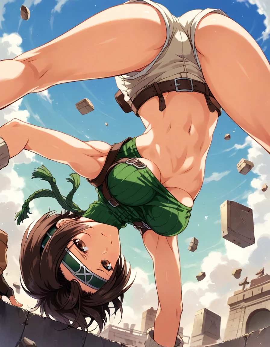 score_9, score_8_up, score_7_up,,BREAK source_anime, standing, legs apart, bent over, upside-down,straight-on,(breast focus:1.5),mediumshot,1girl, yuffie kisaragi, final fantasy, short hair,headband,navel,sleeveless,turtleneck,brown eyes,sleeveless turtleneck,solo,breasts,,smile,gloves,crop top,brown hair,shorts,midriff,,sweater,open fly,fingerless gloves,ribbed sweater,medium breasts,(under_boob),yufi_kisaragi,smirk,  (best quality),(aesthetic,very aesthetic),(masterpiece, highres), (anime screenshot:0.8),