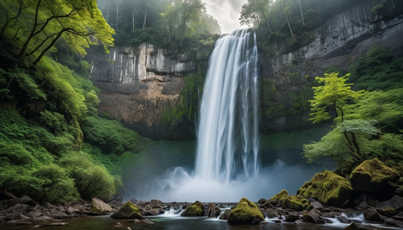  ((Masterpiece)), ((Best Quality)), (Very Detailed), ((Very Detailed)), 4K, (8K), very aesthetic, absurdres highres, A scene in which a thin waterfall in a coniferous forest cascades down with dynamic spray. Smooth rock faces spread out on both sides of the waterfall, and the spray of water disappears into the mist under a cloudy sky. The texture of the waterfall's flow, the particles of the water spray, the texture of the rock surface, and the light shining through the trees are depicted in detail.