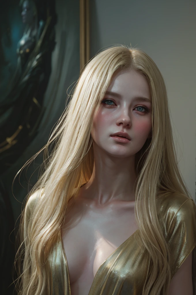 woman pretty, blonde, painting of hot woman serge marshennikov, by Yanjun Cheng, eve ventrue, vincent desiderio, by Zhou Wenjing, inspired by Konstantin Vasilyev, wlop jeremy lipkin, by Andrea Pozzo, oil painting hyper real, lovely languid princess, extremly detailed oil painting, simple background , blur