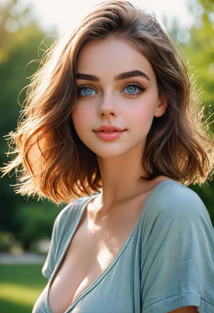 core_9, score_8_up, score_7_up, score_6_up, beautiful woman, cute face, shy, kinky smile, extreme ultra detailed perfect eyes, deepth colorful eyes, 20yo, nose blush, big breast, loose-fitting short sleeves,short pant, Standing in the park, (in park), eyes contact, lot of desire for the viewer, pov, out door, RAW photo, realistic, volumetric lighting, depth of field, cinematic, full body, full body shooting, perfect body,