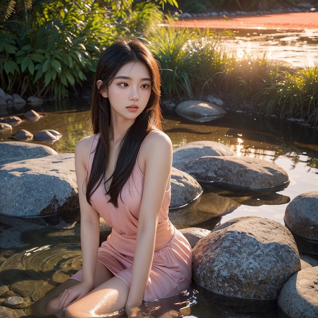 a beautiful asian girl, 20 years old, bathing in a river at sunset, long dark hair, glowing smooth skin, detailed facial features, serene expression, river with rocks and plants, warm orange and pink sky, dramatic lighting, high quality, photorealistic, intricate details, cinematic composition