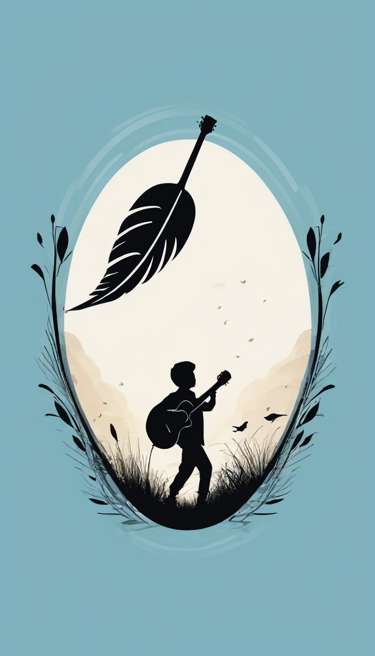 A minimal, modern, simple, cinematic logo design for the brand “Penamemoria". The logo design must be a simple, silhouette of a boy running happy with is arms open to the wind. The boy is holding a feather in one hand and an acoustic guitar in the other hand. The logo must convey a sense of music, stories, memories and dreams. Logo design impressed on a book cover. Minimalistic logo. Light blue, white and soft golden as colors for the logo design