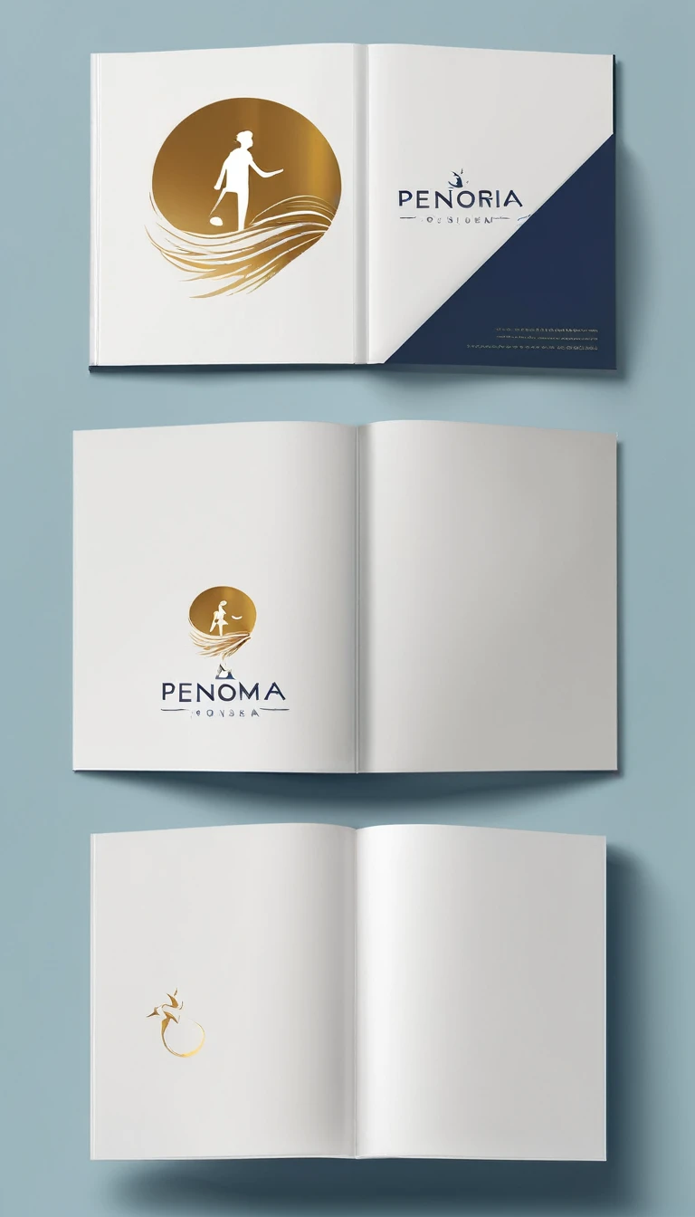 A minimal, modern, simple, cinematic logo design for the brand “Penamemoria". The logo design must be a simple, silhouette of a boy running happy with is arms open to the wind. The boy is holding a feather in one hand and an acoustic guitar in the other hand. The logo must convey a sense of music, stories, memories and dreams. Logo design impressed on a book cover. Minimalistic logo. Light blue, white and soft golden as colors for the logo design