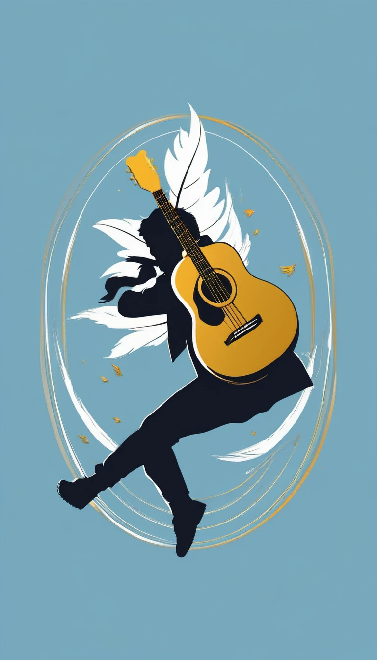 A minimal, modern, simple, cinematic logo design for the brand “Penamemoria". The logo design must be a simple, silhouette of a boy running happy with is arms open to the wind. The boy is holding a feather in one hand and an acoustic guitar in the other hand. The logo must convey a sense of music, stories, memories and dreams. Logo design impressed on a book cover. Minimalistic logo. Light blue, white and soft golden as colors for the logo design