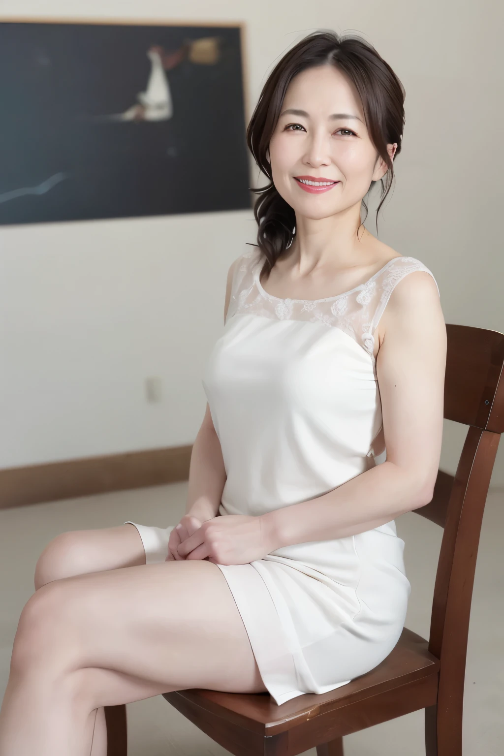 8K, Mature elegant Japanese woman, 55 years old, Married women, Delicate features, Long eyelashes, Sparkling eyes, Low Ponytail, Red lipstick, Rosy Cheeks, eye shadow, Attractive lips, 完全に?????, ?????, Sit on a chair, Crossing your legs, photo shoot, (Highest quality,8K,High resolution,masterpiece:1.2),
