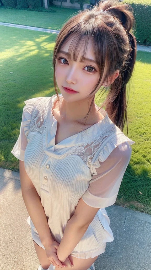 One piece with collar,outdoors,Urban Park,On the lawn,Ultra-detailed, finely detail, hight resolution, 8K Wallpaper, Perfect dynamic composition, Beautiful detailed eyes,Outdoor,Close-up of face,Outdoor,Blushing,Facing forward,,Long hair ponytail,((8k, Raw photo, Best Quality, Mastepiece:1.2), (Realism, Photorealistic:1.4), (Highly detailed 8K wallpapers), Depth of written boundary, Cinematic Lighting, Soft Light, Detailed Beauty Eye,Shiny and smooth light brown ponytail, Asymmetrical bangs, Shiny skin, Ultra-detailed skins ,It is high resolution., High detail, Detailed hairstyle, Detailed facial beauty, Hyper-realistic, Perfect limbs, Perfect Anatomy ,1 Japanese girl,Famous Japanese Idols, Perfect female body,A shy smile,Short eyelashes,Double-edged eyelids,Look straight here,Hair style: ponytail,