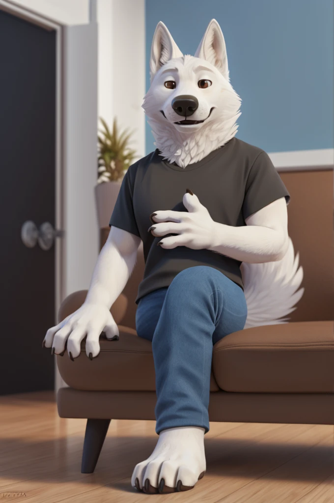 Varvara\(Moscow\), (white body:1.3), white fur, Brown eyes, Moscow, dressed, T-shirt, jeans, dog, wolf, Detailed fur, Woman, breasts, anthro, paw pads, toenails, treats guests , waving to the viewer, 5 fingers, paws, 4 toes, ring, white wolf cub walking with a newborn son, from nextel, for dating, from xenoforge, (complex, high detail, shooting, soft focus, RAW while sitting at home, 
Photorealism, realism, photorealism, digital style, Subsurface scattering,
masterpiece, Best quality, ultra realistic, 8k)