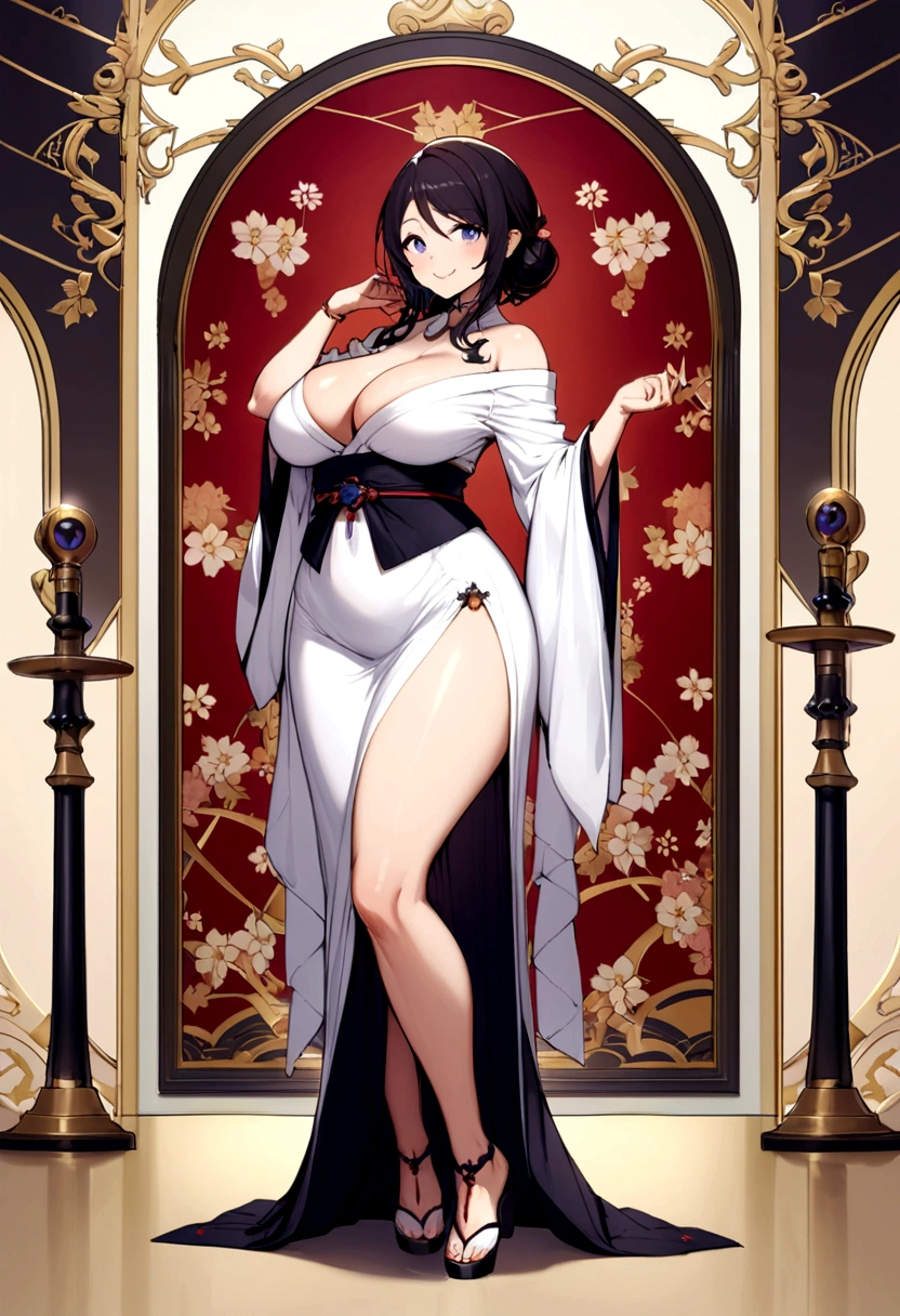 A beautiful Japanese woman with a voluptuous figure who resembles Haruka Ayase、Wearing a dress with a large opening that shows off her bodyline、Smile、whole body