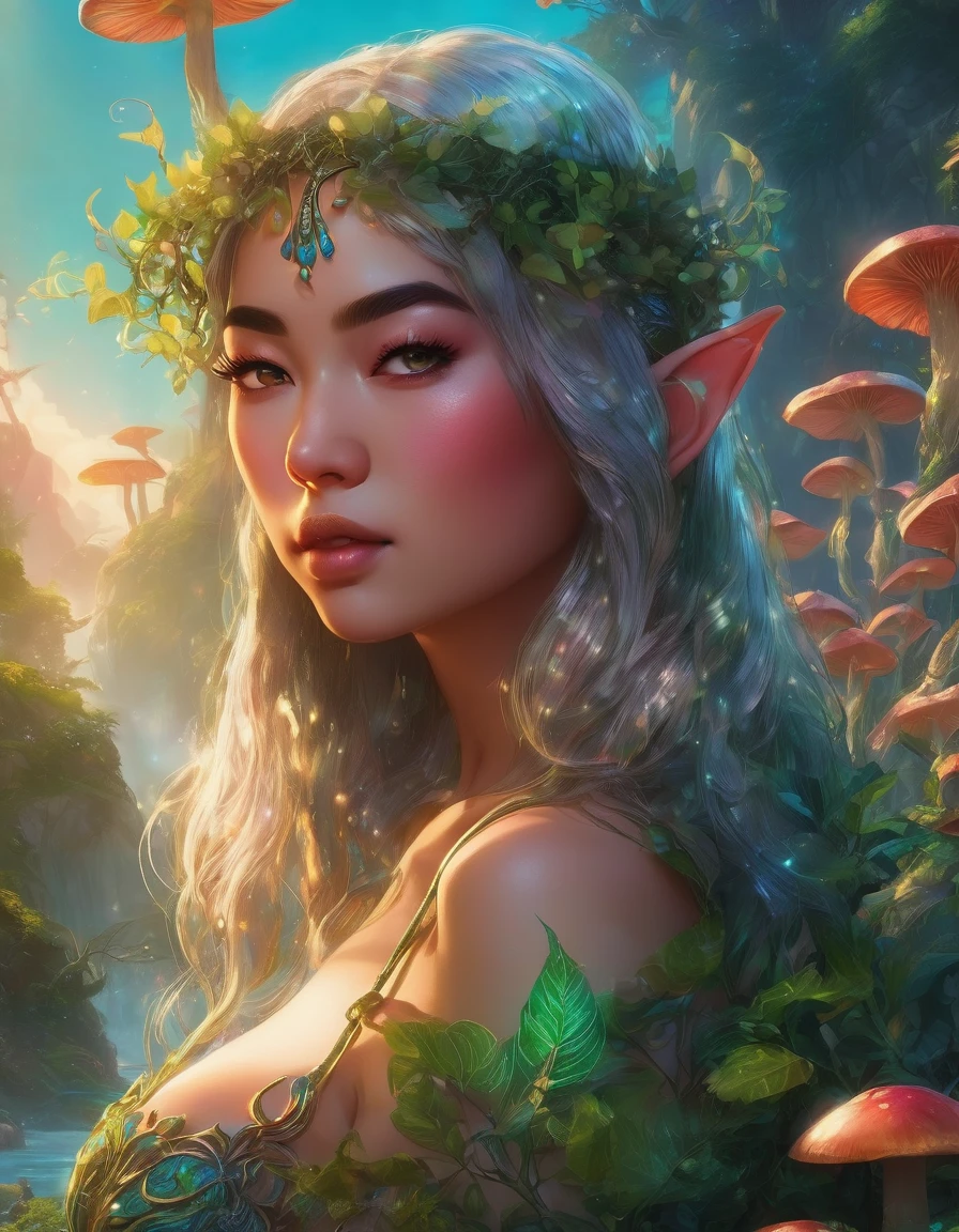 beautiful busty Asian woman elf, detailed face, long eyelashes, plump lips, plant thong bikini, fantasy landscape, detailed foliage, magical vines, glowing mushrooms, ethereal lighting, vibrant colors, cinematic lighting, 8k, high quality, hyper detailed, photorealistic