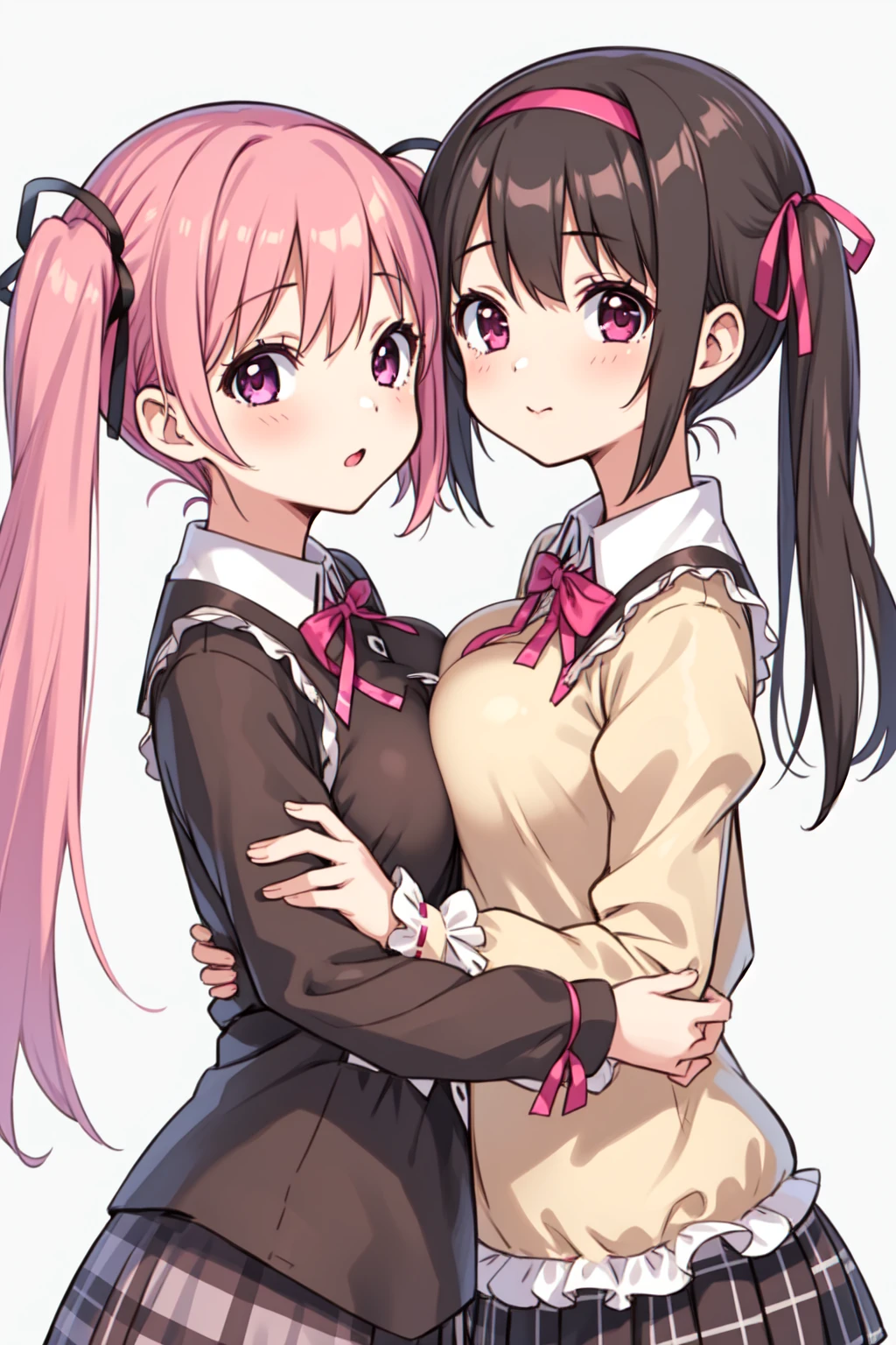 2girls, akemi homura, alternate breast size, black hair, day, bow, breast press, hair ribbon, hairband, kaname madoka, long hair, looking at viewer, mitakihara , multiple girls, pink eyes, pink hair, plaid, plaid skirt, purple eyes, ribbon, , short hair, short twintails, simple background, skirt, symmetrical docking, twintails, white background, yuri,outdoors,