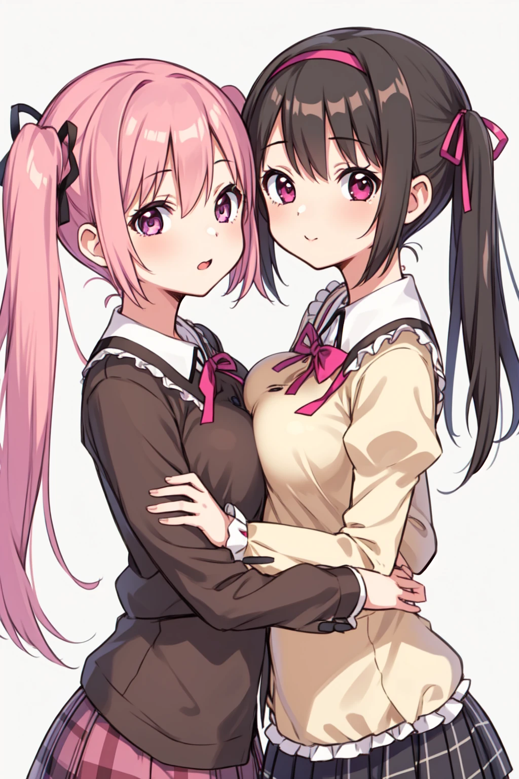 2girls, akemi homura, alternate breast size, black hair, day, bow, breast press, hair ribbon, hairband, kaname madoka, long hair, looking at viewer, mitakihara , multiple girls, pink eyes, pink hair, plaid, plaid skirt, purple eyes, ribbon, , short hair, short twintails, simple background, skirt, symmetrical docking, twintails, white background, yuri,outdoors,