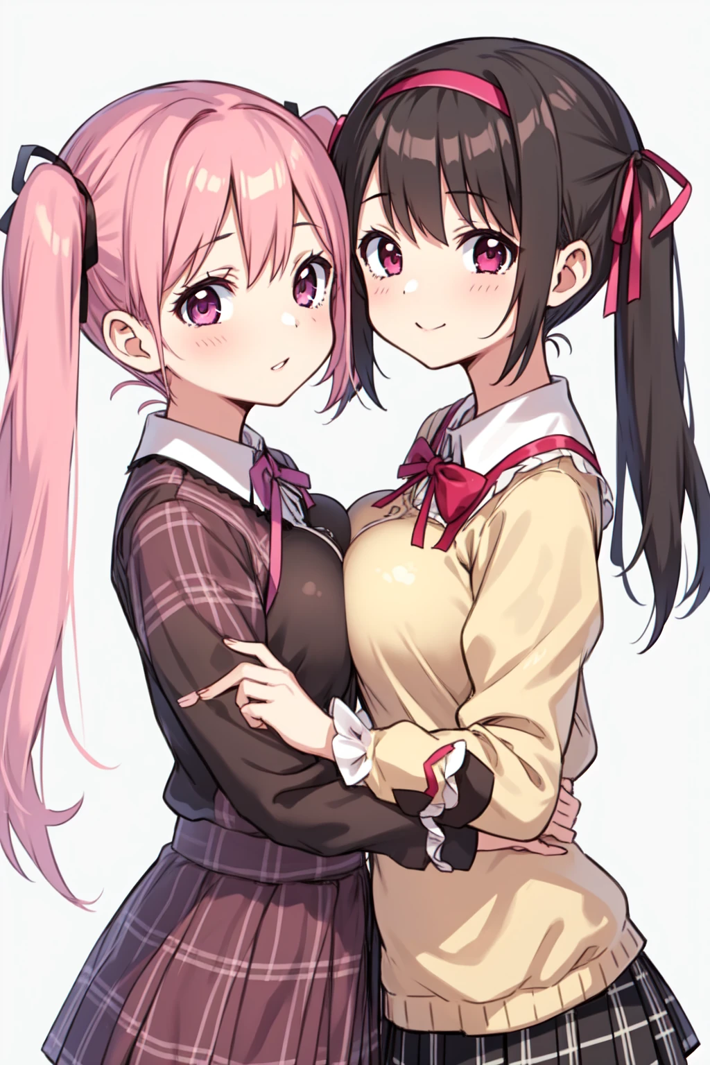2girls, akemi homura, alternate breast size, black hair, day, bow, breast press, hair ribbon, hairband, kaname madoka, long hair, looking at viewer, mitakihara , multiple girls, pink eyes, pink hair, plaid, plaid skirt, purple eyes, ribbon, , short hair, short twintails, simple background, skirt, symmetrical docking, twintails, white background, yuri,outdoors,