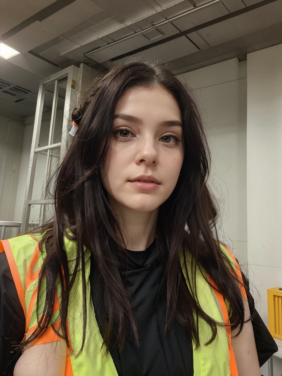 Pale skin, black hair, large breasts, hair tide up in a bun, strains of hair coming down her face, safety vest