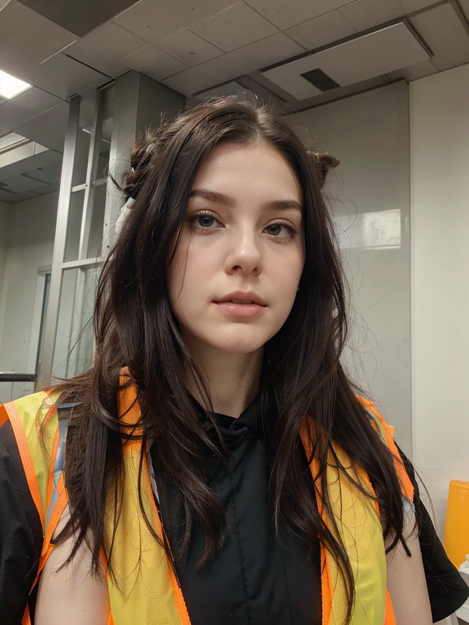 Pale skin, black hair, large breasts, hair tide up in a bun, strains of hair coming down her face, safety vest