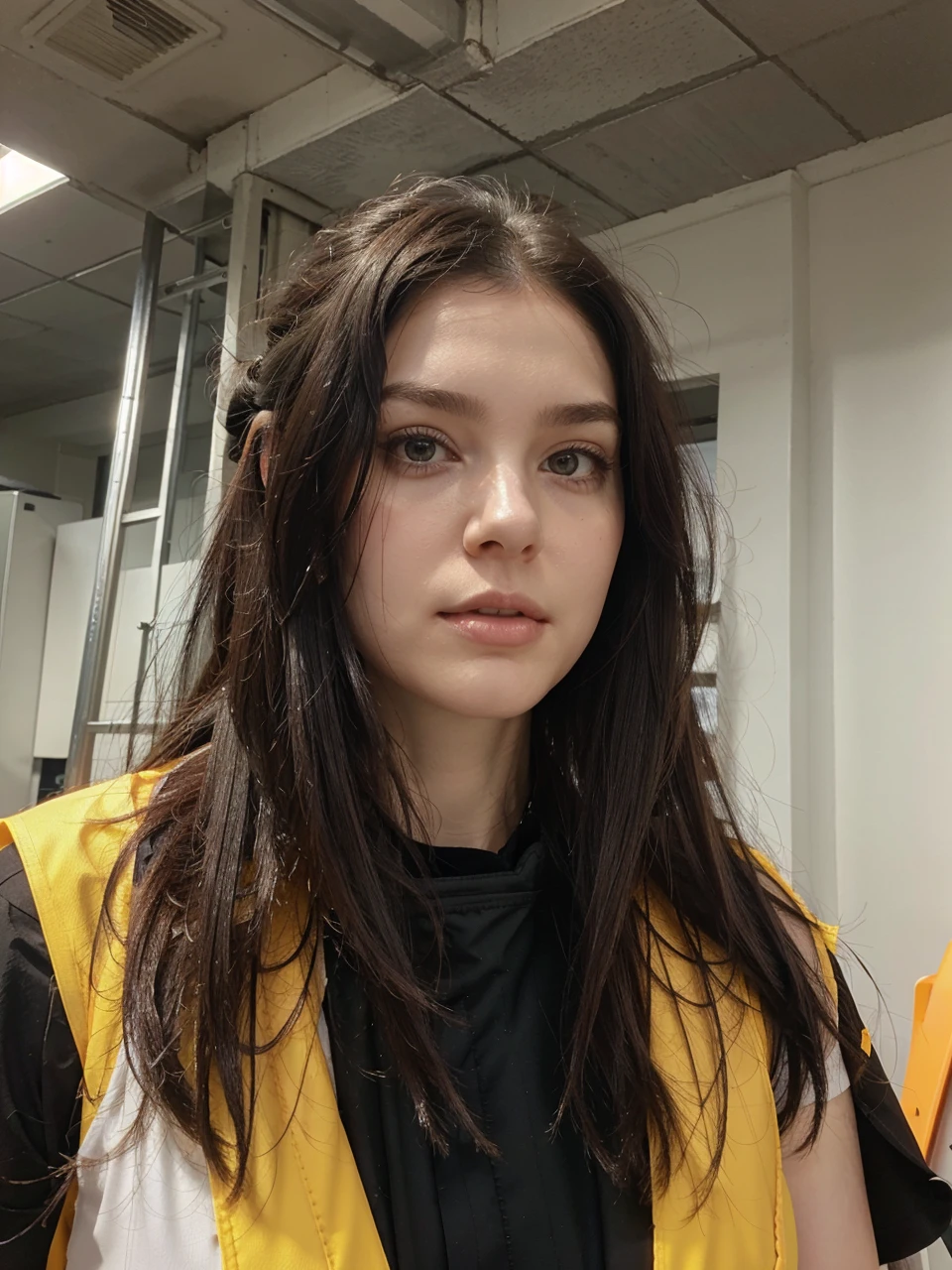 Pale skin, black hair, large breasts, hair tide up in a bun, strains of hair coming down her face, safety vest