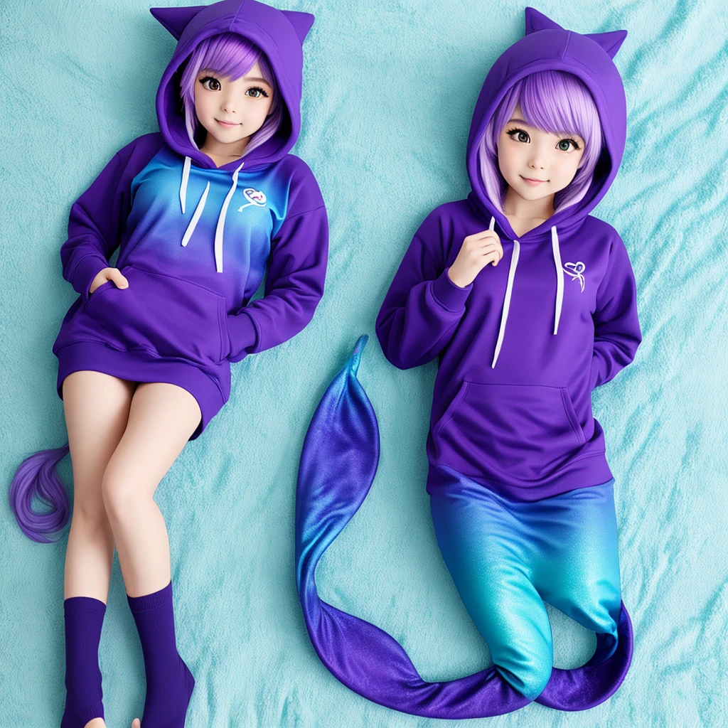 anime　mermaid　hoodie　Lying down with purple hair　Blue Tail