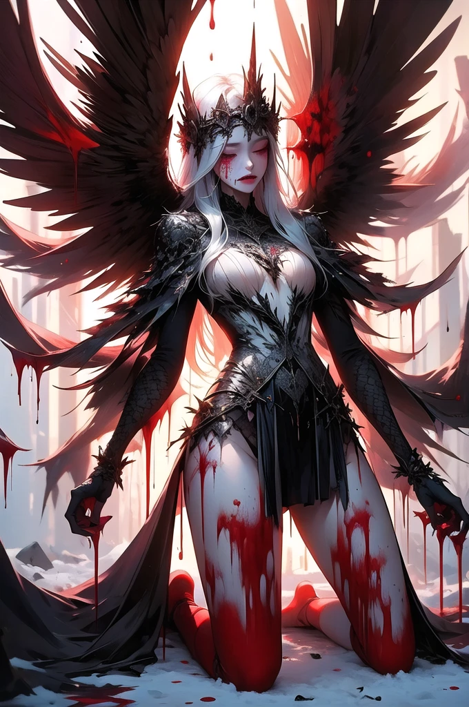 (masterpiece:1.4), (intricate:1.2), (detailed:1.2), (vibrant colors:1.2), BREAK,
(dark fantasy:1.0), (eerie:1.0), (tragic:1.1), (dark red theme:1.2), (glowing:1.0), BREAK,
(full body:1.0), (angel:1.0), (kneeling:1.0), (praying:1.0), (white hair:1.0), (white feather wings:1.0), (feather headdress:1.0), (closed eyes:1.0), (covered in blood:1.2), (dripping blood:1.2), (halo:1.0), BREAK,
(blood stained snow:1.1), (blizzard:1.0), (raging storm:1.0),