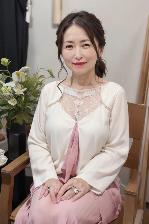 8K, Mature elegant Japanese woman, 55 years old, Married women, Delicate features, Long eyelashes, Sparkling eyes, Low Ponytail, Red lipstick, Rosy Cheeks, eye shadow, Attractive lips,  chemise, Sit on a chair, Crossing your legs, photo shoot,  (Highest quality,8K,High resolution,masterpiece:1.2),