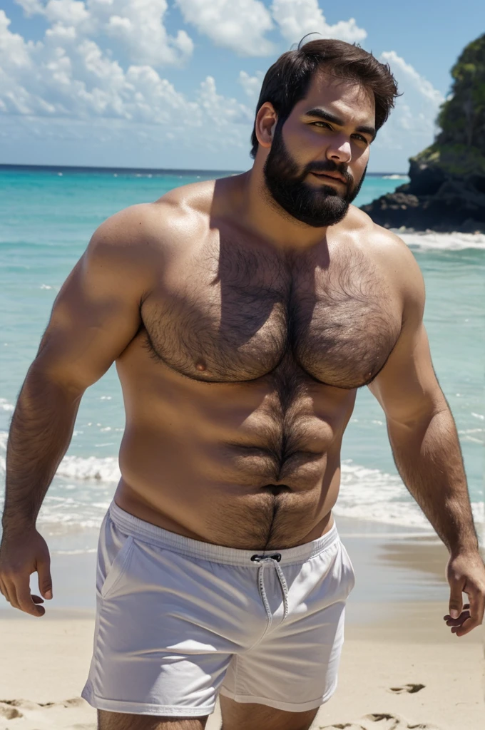 A man, Big, rubio, on the beach, shirtless and no shorts, very hairy