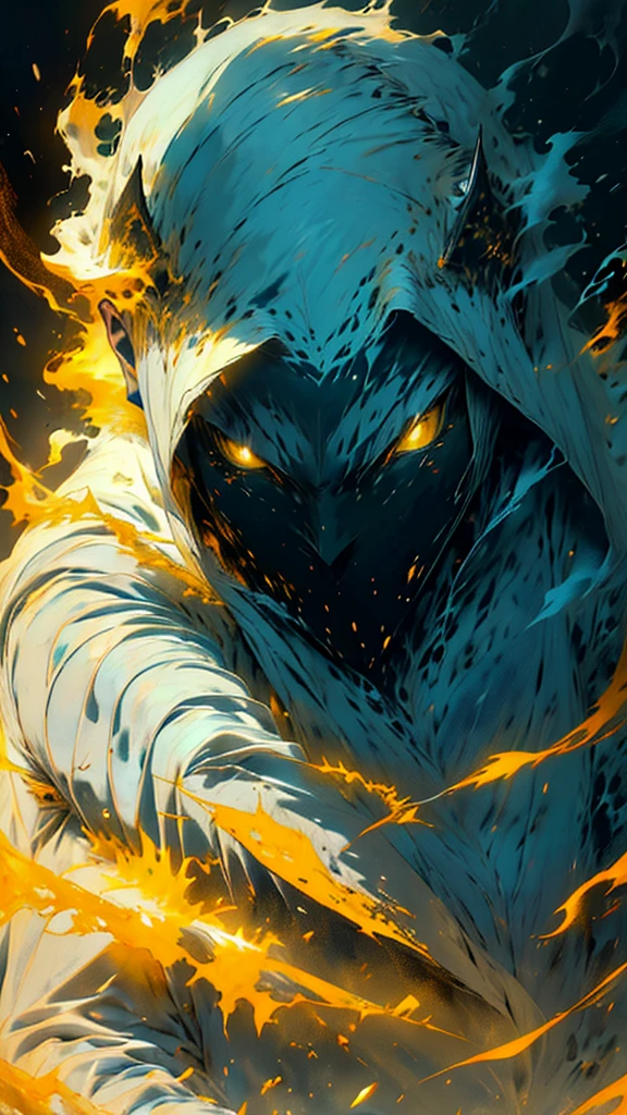 (best quality, highres, ultra-detailed, realistic:1.37), close-up portrait of a handsome man, with bright, shining yellow eyes emitting a blue smoke-like aura, cat-like black pupils, spiky snow-white hair that is highly defined and super detailed