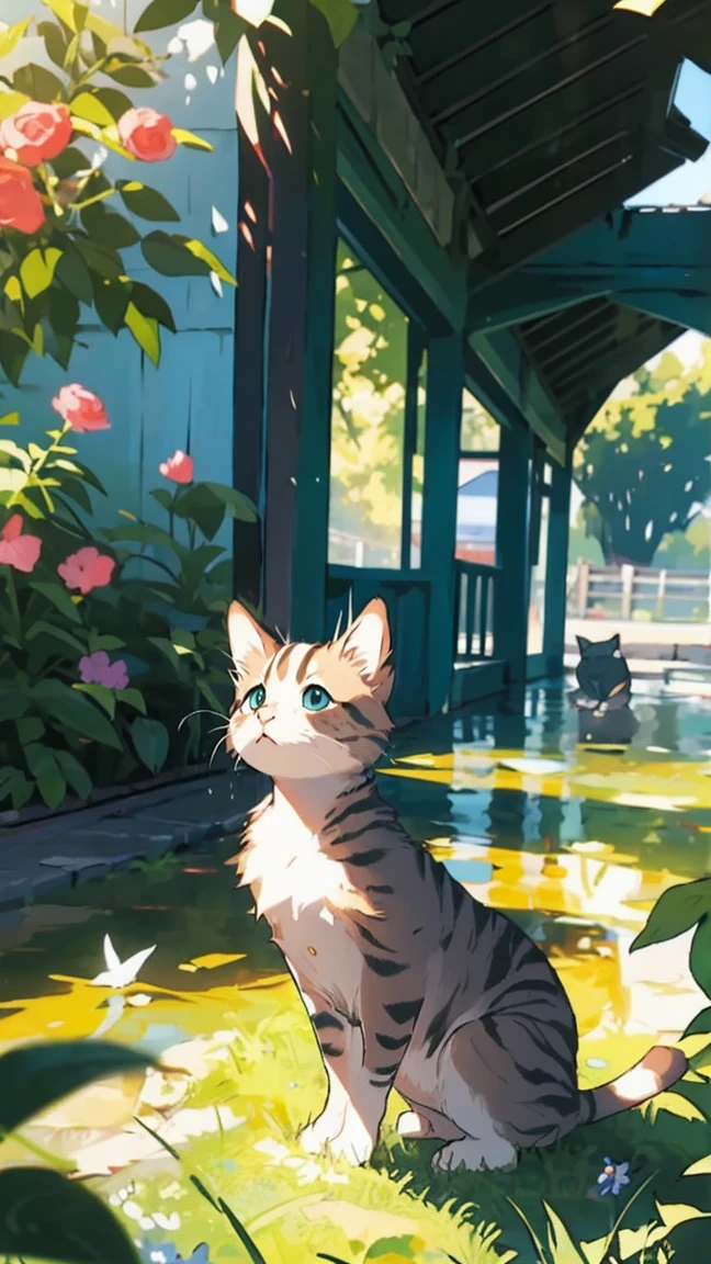 A highly realistic and definition photo-like image of a white kitten standing on its hind legs with its paws outstreched in a T-pose.
The kitten has bright green eyes and pink nose. The background is a garden with soft, natural lighting, and there are delicate pink flowers around.
The kitten looks curious and slightly smiled, standing in a T-pose with its paws extended outward.
The image should capture the texture of
the kitten's fur and the details of the surroundings in a very lifelike manner.