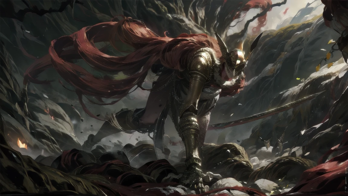1 girl, ultra sharp image, beautiful figure, beautiful, full length (full body 1.1.), big tree in the background, slender legs, buttocks, slender legs, Wasp waist, sexy, fighting pose, fighting stance, only,helmet,light-skinned Женский, One, long curved sword in hand