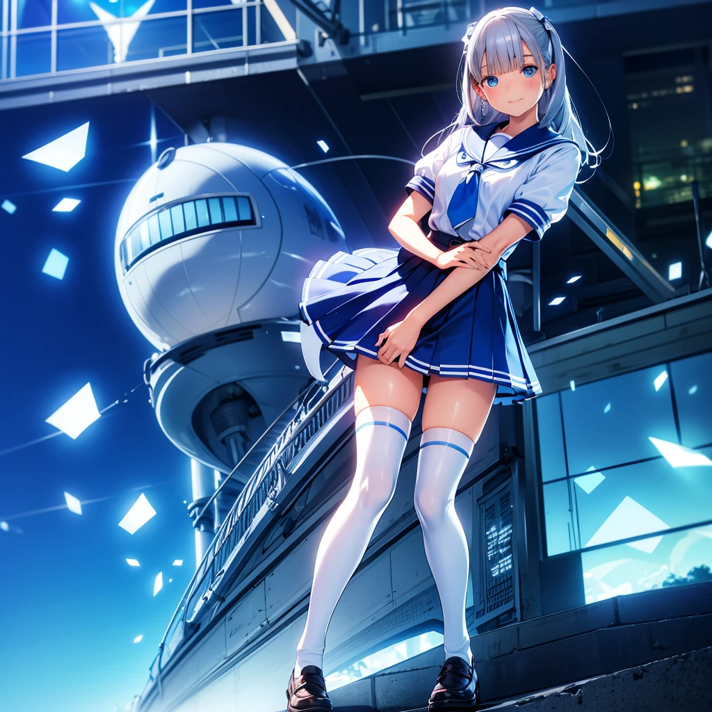 Silver Hair、Blue Eyes、Beautiful high school girl。uniform、Knee socks、