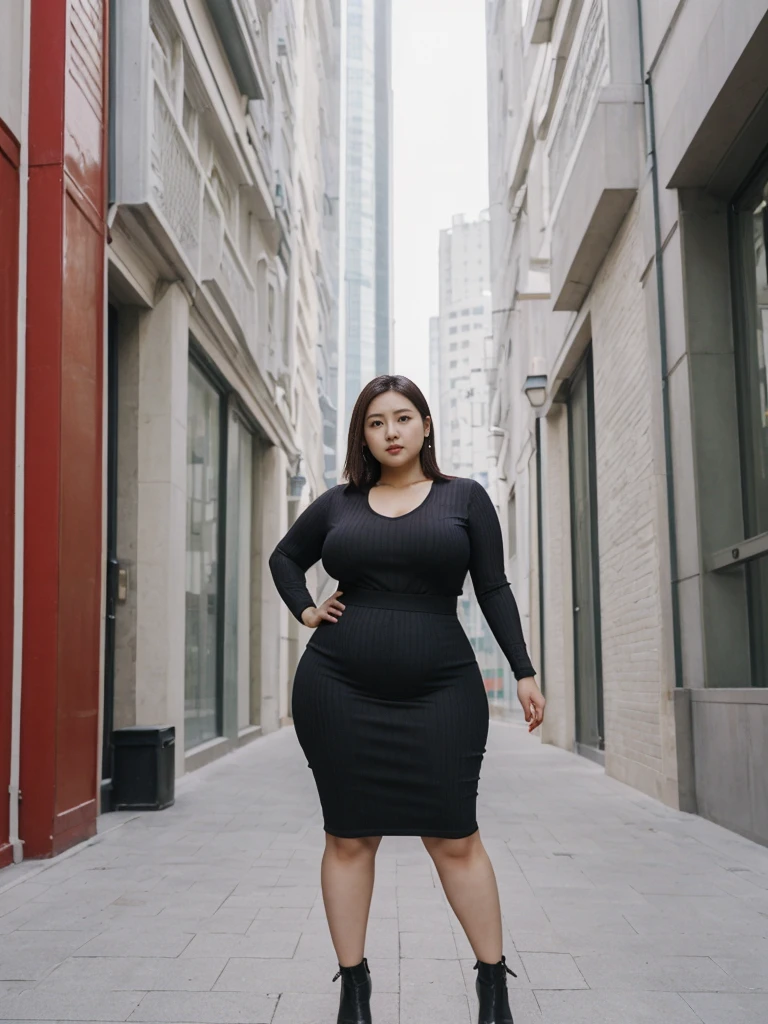 Sandara Park, her name is Akira, ultrarealistic, high quality, 1girl, ((25-year-old chubby asian woman)), ((25 years old)), (((curvy body))), SHORT BOB, pose: standing, wearing stylish fashionable Generation-Z modern wear different colored, BACKGROUND: city