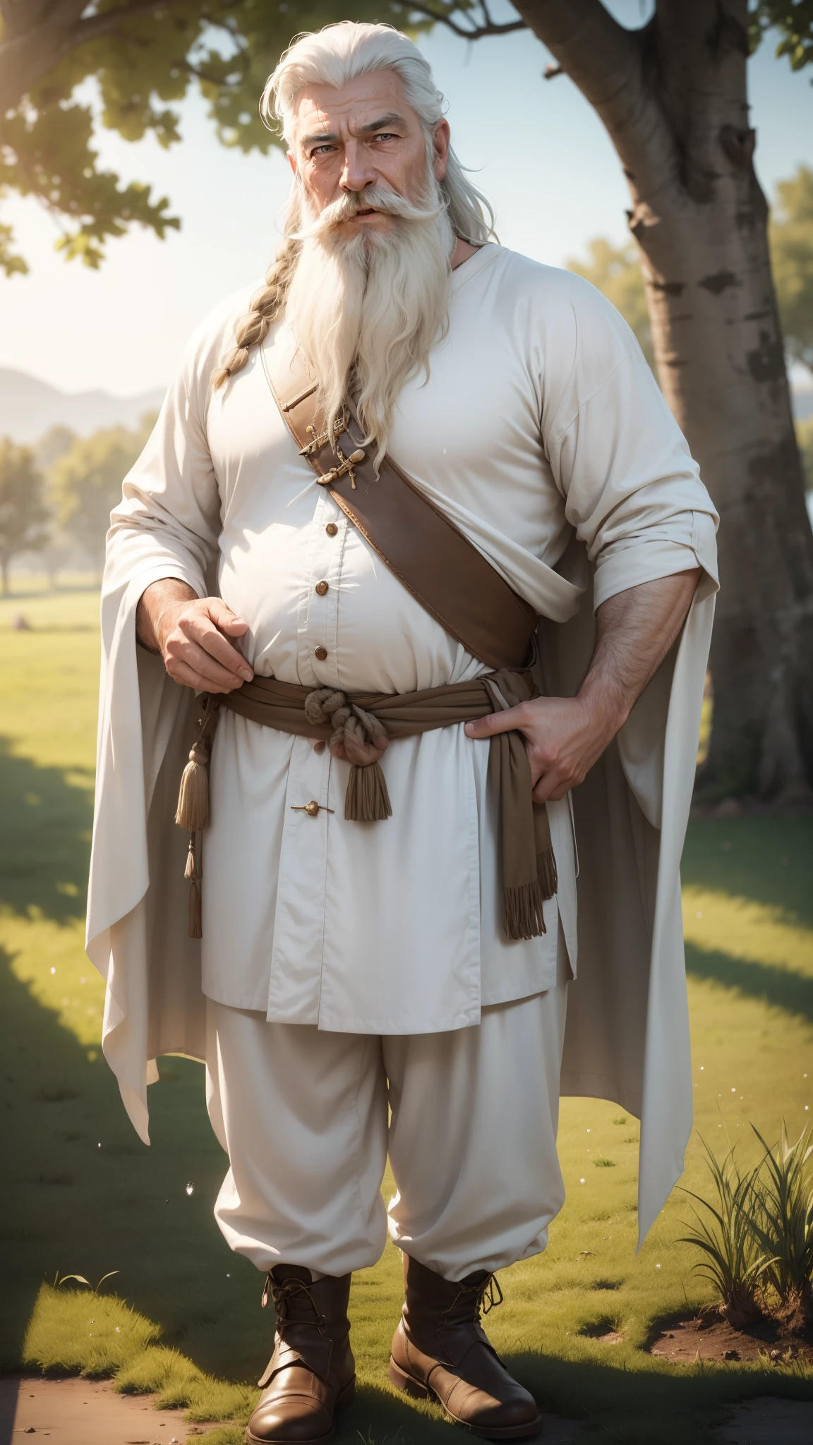 Gandalf, (pose:Full Body Shot), (posing:Full Body Shot), (soft shading), (((4k, hi res, Ray tracing))), ((((extreme detailed sweat drops, glistening, glistening body))), (((five fingers, detailed hands))), ((detailed face, (detailed eyes:1.0), detailed)), by zackarry911, by zaush, (by personalami:0.5), looking at viewer, (((happy,wise eyes))), (((old and wise))), 1boy, standing,(((standing,ashamed))),((( Mustache,beard))),(((dad bod))) ,male focus, white hair, (((handsome, sage))), nature, // ((human)),(((white Robe,white shirt, longpant, brown boot))),((Human, looking at viewer)),((grassy field background, lens blur, lens flare)),