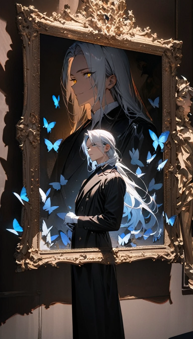 (masterpiece:1.5),best quality,(1 Handsome man),alone,white long length hair,(Golden eyes), (A soft smile),elegant,perfect face,Long black trench coat,white and blue cloth,white leather gloves,white lining,Slightly muscular body,High,8K,Beautiful contrast of light and shadow,Dark luxury background,(complete upper body),Positive face,luxury screen,Standing in front of the historical oil painting,Exquisite picture frame,((many butterflies)),(Museum),Museum