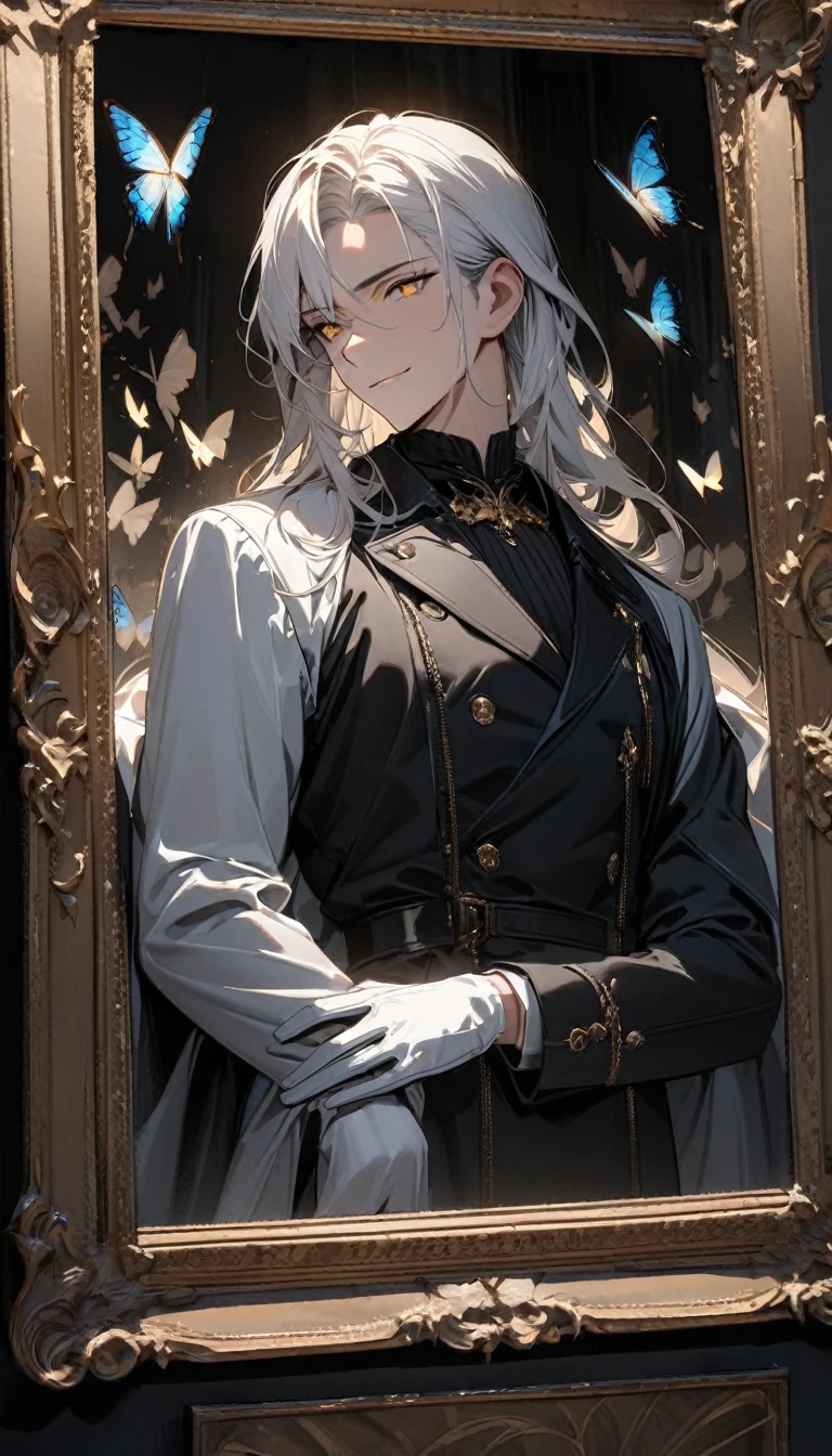 (masterpiece:1.5),best quality,(1 Handsome man),alone,white long length hair,(Golden eyes), (A soft smile),elegant,perfect face,Long black trench coat,white and blue cloth,white leather gloves,white lining,Slightly muscular body,High,8K,Beautiful contrast of light and shadow,Dark luxury background,(complete upper body),Positive face,luxury screen,Standing in front of the historical oil painting,Exquisite picture frame,((many butterflies)),(Museum),Museum