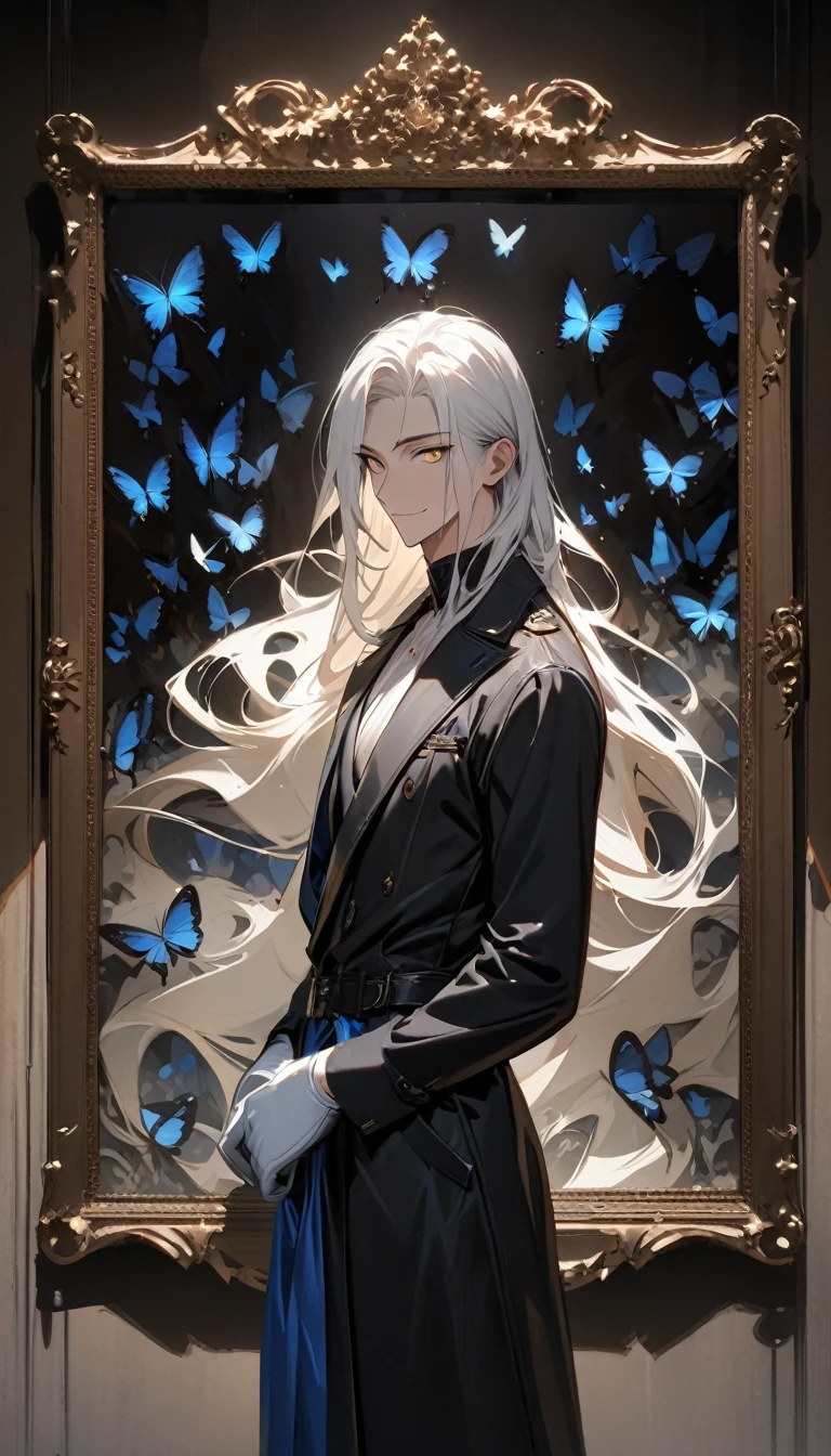 (masterpiece:1.5)，best quality，(1 Handsome man)，alone，white long length hair，(Golden eyes), (A soft smile)，elegant，perfect face，Long black trench coat，white and blue cloth，white leather gloves，white lining，Slightly muscular body，High，8K，Beautiful contrast of light and shadow，Dark luxury background，(complete upper body)，Positive face，luxury screen，Standing in front of the historical oil painting，Exquisite picture frame，((many butterflies))，(Museum)，Museum