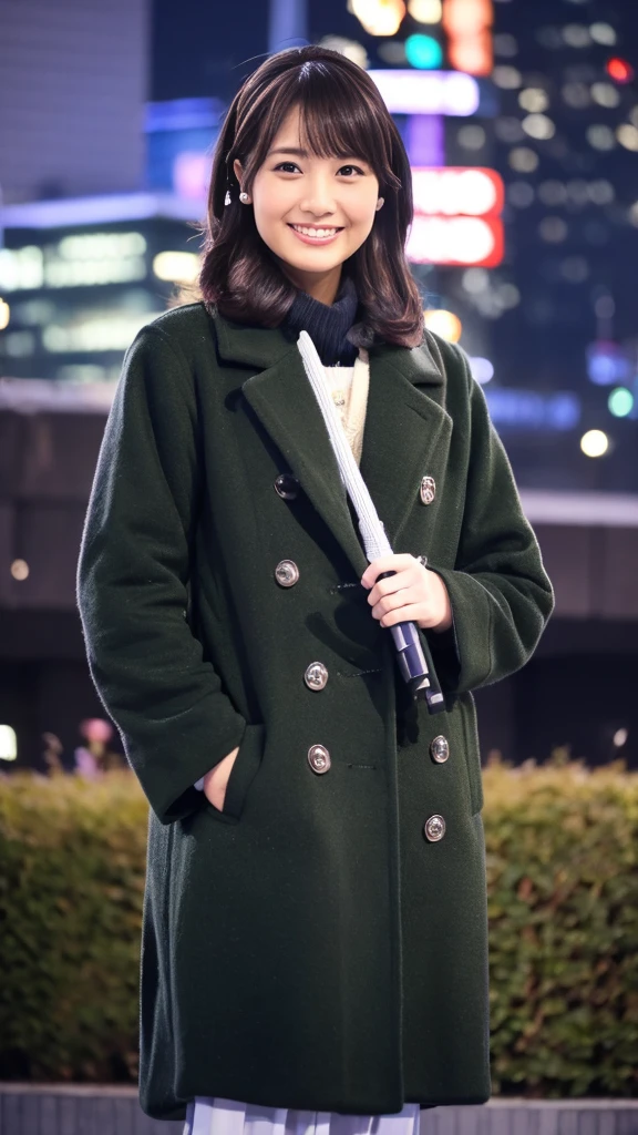 A real-life photo of a cute Japanese weather forecaster wearing a closed coat,Medium Hair, pumps,A girl broadcasting live with a microphone,Broadcasting with a microphone outdoors in Tokyo in winter,Standing in front of Tokyo Station,wearing pumps and black tights,masterpiece,ultra detail face,genuine photo,realistic